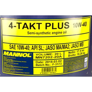 Engineoil Engine oil MANNOL 4-stroke Plus API SL 10W-40 20 liters incl. Outlet Tap