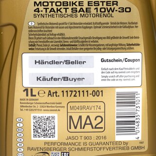 Engine Oil RAVENOL Motobike 4-T Ester SAE 10W-30 1 Liters