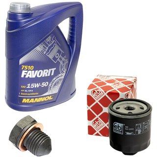 Engineoil set Favorit 15W50 API SL CF CF-4 5 liters + Oilfilter Febi 22532 + Oildrainplug 48871