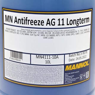 Khlerfrostschutz Konzentrat MANNOL AG11 Longterm -40C 10 Liter blau mit Ausgieer