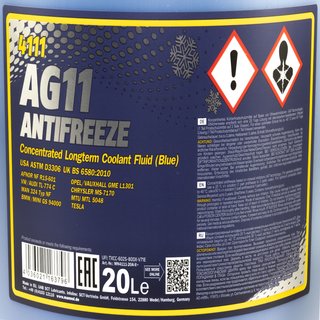 Khlerfrostschutz Konzentrat MANNOL AG11 Longterm -40C 20 Liter blau mit Auslasshahn
