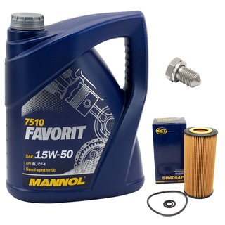 Engineoil set Favorit 15W50 API SL CF CF-4 5 liters + Oil Filter SH4064P + Oildrainplug 08277