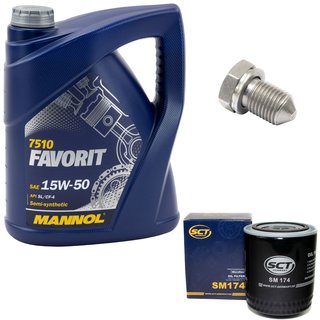 Engineoil set Favorit 15W50 API SL CF CF-4 5 liters + Oil Filter SM174 + Oildrainplug 15374